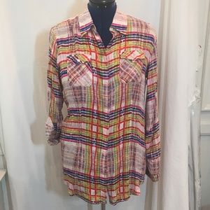 CAbi #797 Cirque Plaid Blouse with Roll Tab Sleeve - Size M